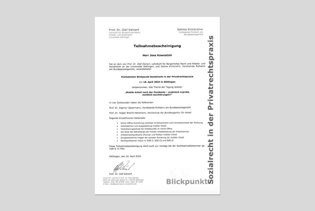 Zertifikat Teilnahme Sozialrecht-Tagung