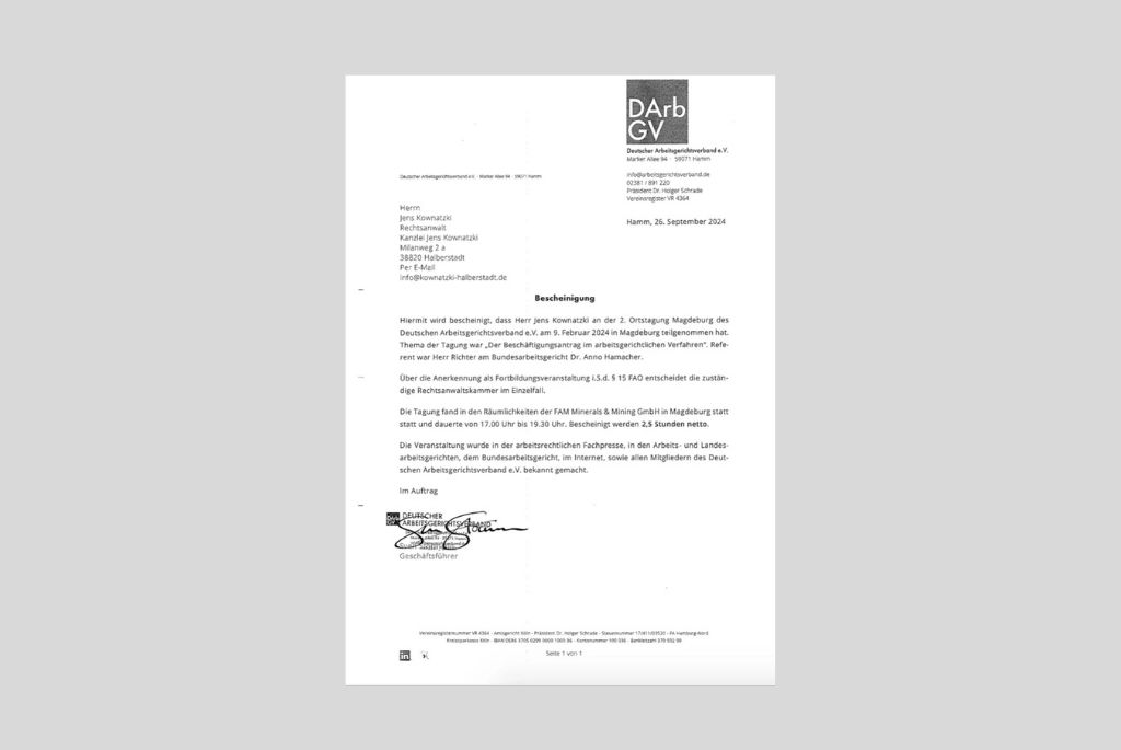 Zertifikat Teilnahme Arbeitsrechtstagung